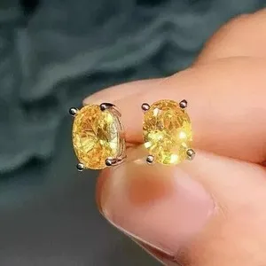 Authentic 14K White Gold Plated Simulated Yellow Citrine 3Ct Oval Cut Stud Earrings