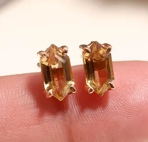 Authentic Natural Citrine Hexagon Stud Earrings Rose Gold Fill 925 Sterling Silver Jewelry