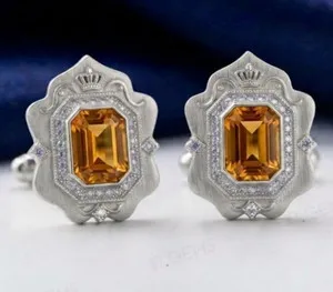 Authentic Natural Citrine Gemstone 925 Sterling Silver Gold Plated Cufflinks For Men's