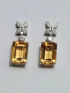 Authentic 5Ct Emerald Cut Simulated Citrine & Diamond Drop Earrings 14K White Gold Plated