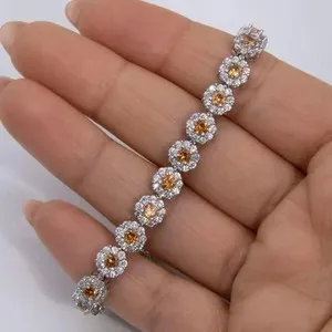 Authentic 14Ct Created Citrine Round Cut Tennis Women Bracelet 7.5" 14k White Gold Plated