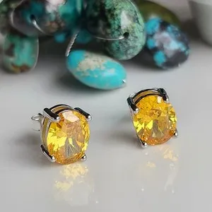 Authentic 925 Sterling Silver 3.5CT Oval Citrine Stud Earrings 14k White Gold Plated