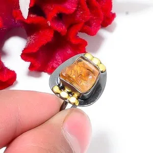 Authentic Natural Citrine - Brazil Black And Gold Plated 925 Sterling Silver Ring S.8 R121