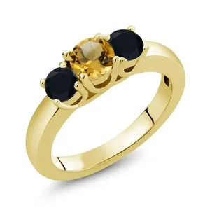 Authentic 1.17 Cttw Citrine and Onyx 18K Yellow Gold Plated Silver 3-Stone Ring for