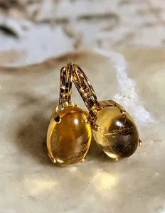 Authentic 11 Carats Natural Domed Citrine In 18k Gold Plated Drop Down Earrings