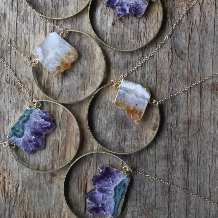 Authentic 10pcs Boho Gold Color Hoop Citrine Amethyst Slice Stalactite Pendant Necklace Women Jewelry
