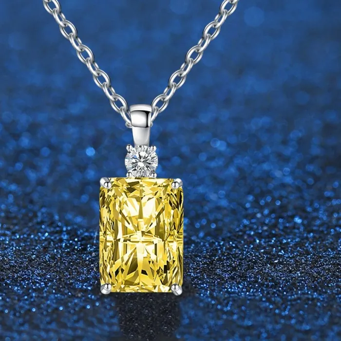 Authentic 100% 925 Sterling Silver Emerald Cut Lab Citrine Sapphire Gemstone Pendant Necklace Choker For Women Jewelry