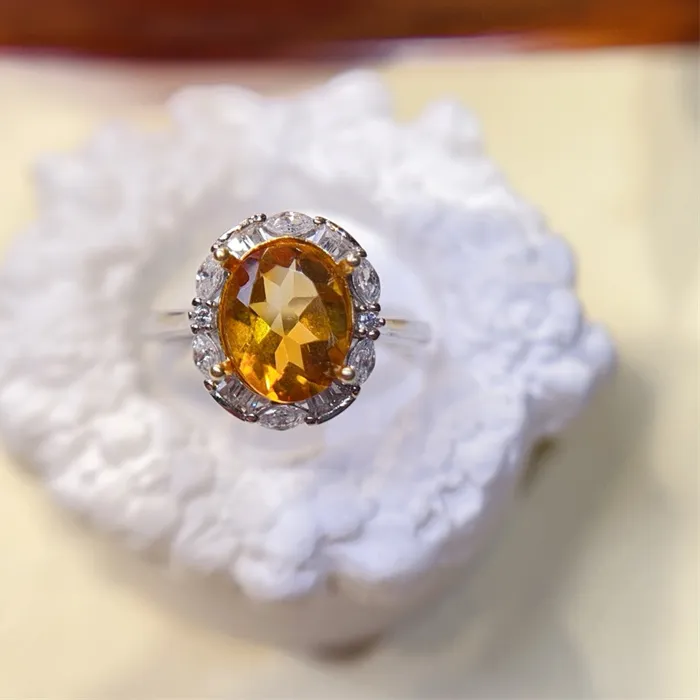 Authentic Natural Yellow Citrine Ring Jewelry Lady Beauty 7X9Mm Silver Adjustable Ring