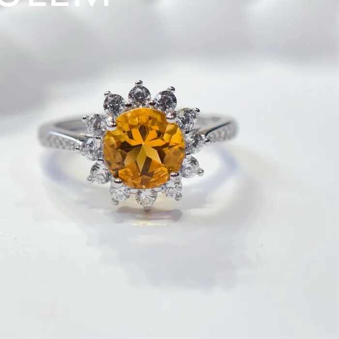 Authentic YULEM Silver 925 Ring with Natural Citrine 6x8mm Fine Jewelry for Women Yellow Natural Gem Fine Jewelry