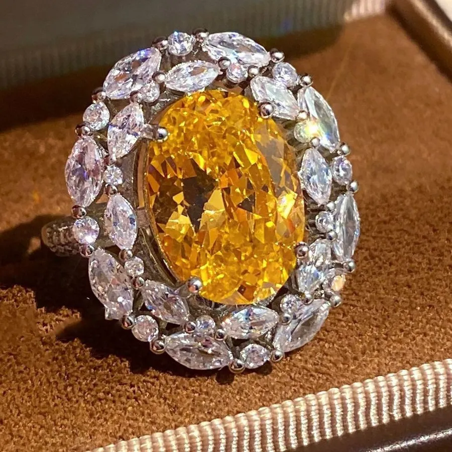 Authentic Brilliant Cutting Yellow Citrine Padparadscha Gemstones Rings for Women Ladies' Exquisite All Diamonds Finger Bands Fine Jewelry