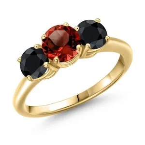 Authentic 2.38 Ct Round Red Garnet Black Sapphire 18K Yellow Gold Plated Silver Ring