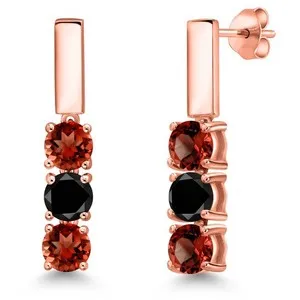 Authentic 1.65 Ct Round Red Garnet Black Diamond 18K Rose Gold Plated Silver Earrings