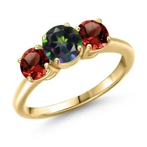 Authentic 2.10 Ct Round Green Mystic Topaz Red Garnet 18K Yellow Gold Plated Silver Ring