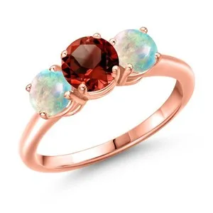 Authentic 2.00 Ct Round Red Garnet White Simulated Opal 18K Rose Gold Plated Silver Ring