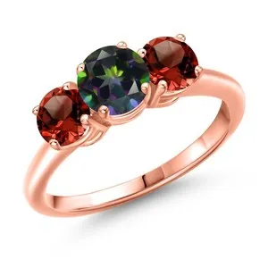 Authentic 2.10 Ct Round Green Mystic Topaz Red Garnet 18K Rose Gold Plated Silver Ring