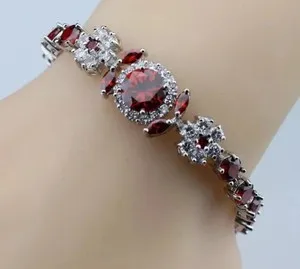 Authentic 9Ct Red Garnet Round Cut Lab-Created Women Tennis Bracelet 14K White Gold Plated