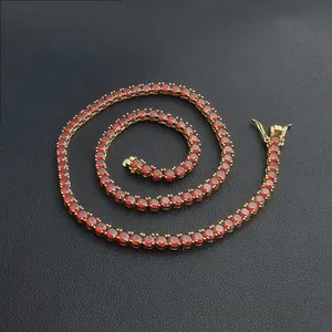 Authentic 4MM Round Cut Lab Created Red Garnet Tennis Necklace 14k Yellow Gold Plated