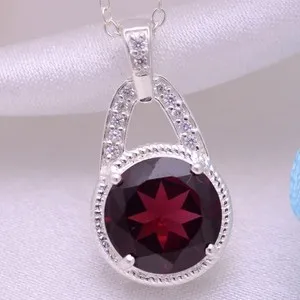Authentic 4.40carat Round Cut Red Natural Garnet and Diamond Pendant 18K White Gold Plated