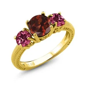 Authentic 2.54 Ct Round Red Garnet Pink Tourmaline 18K Yellow Gold Plated Silver Ring