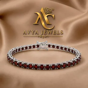 Authentic 5 MM Round Lab Creted Red Garnet Tennis Bracelet 925Silver 14k White Gold Plated