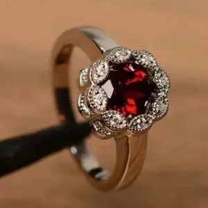 Authentic 2Ct Round Cut Lab-Created Red Garnet Engagement Ring 14K White Gold Plated