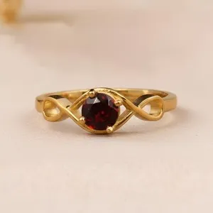 Authentic Natural Red Garnet Ring Round Cut Gold Plated 925 Silver Ring Gifts For Him