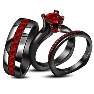 Authentic 14K Black Gold Plated Silver Round Simulated Red Garnet Engagement Trio Ring Set