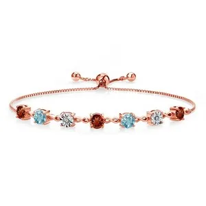 Authentic 4.71 Ct Round Red Garnet Blue Zircon 18K Rose Gold Plated Silver Bracelet