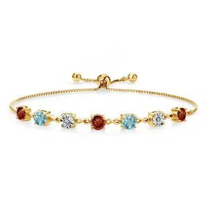 Authentic 4.71 Ct Round Red Garnet Blue Zircon 18K Yellow Gold Plated Silver Bracelet