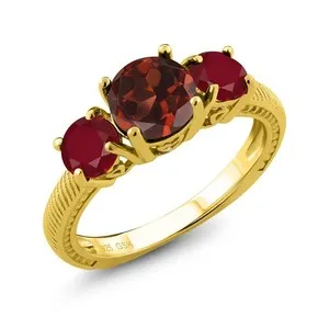 Authentic 2.40 Ct Round Red Garnet Red Ruby 18K Yellow Gold Plated Silver Ring