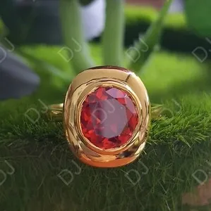 Authentic 2Ct Round Lab Created Red Garnet Engagement Ring 14K Yellow Gold Plated Silver