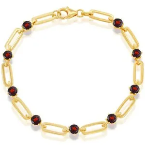 Authentic Classic Women's Bracelet Gold Plated 4.5mm Round Red Garnet Paperclip T-7995