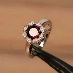 Authentic 2Ct Round Cut Lab Created Red Garnet Halo Engagement Ring 14K White Gold Plated