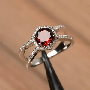 Authentic 1.50Ct Round Lab Created Red Garnet Halo Engagement Ring 14K White Gold Plated