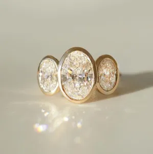 Authentic Oval Cut 3TCW Moissanite Bezel Three Stone Gold Plated Promise Ring For Her