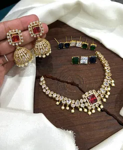Authentic Gold-plated pearl and changeable stone necklace set