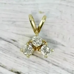 Authentic 1Ct Round Cut Simulated Diamond 3-Stone Women's Pendant 14K Yellow Gold Plated
