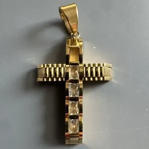 Authentic Gold Plated Cross Pendant Cubic Zirconia 24” Chain Loose Stone
