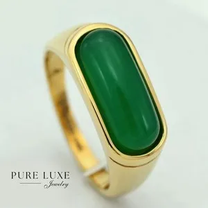 Authentic Men's Silver. green jade Stone Gold Plated Ring 7 -12 +BOX