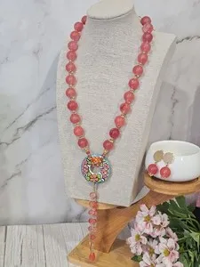 Authentic Necklace Natural Stone Gold Plated Talavera Style Ceramic, Cherry Quartz Beads