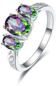 Authentic Fantastic 18k White Gold Plated Mystic Topaz Tri Stone Ring Women's Ring
