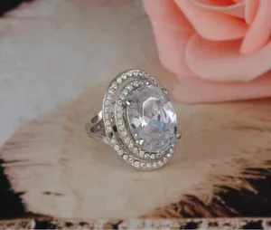 Authentic Oval Big Stone Australian CZ Ring, White Gold Plated, Size 7,8