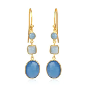Authentic 18K Yellow Gold Plated Multi Stone Long Earrings Blue Chalcedony Wedding Jewelry