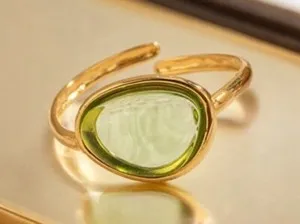 Authentic Beautiful Green Translucent 18K Gold Plated Ring, Transparent Stone Ring