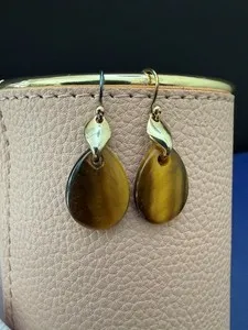 Authentic VTG Monet Handcrafted Teardrop Dangle Earrings Tiger Eye Stone Gold-Plated Wires