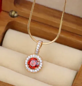 Authentic Gold Plated Round Red Stone Pendant with Halo CZ Accent Design, XPPT1742