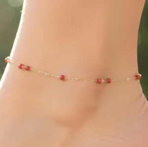 Authentic Gold Tone Minimalist Beaded Anklet Handmade Ruby Red Stone Gold Plated Chain