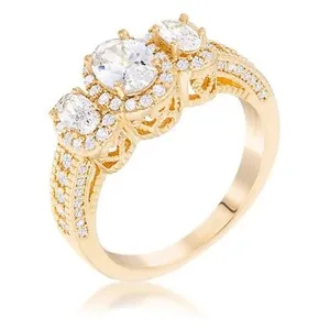 Authentic Gold Ring Gold Plated 3-Stone Clear Oval Cut CZ Halo Ring