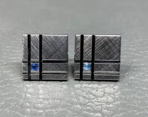Authentic Vintage Linear Brushed Finish Blue Stone White Gold Plated Cuff Links