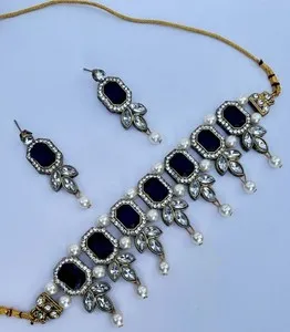 Authentic Royal Black Stone Gold Plated Bridal Heavy Necklace Choker With Trendy Earring